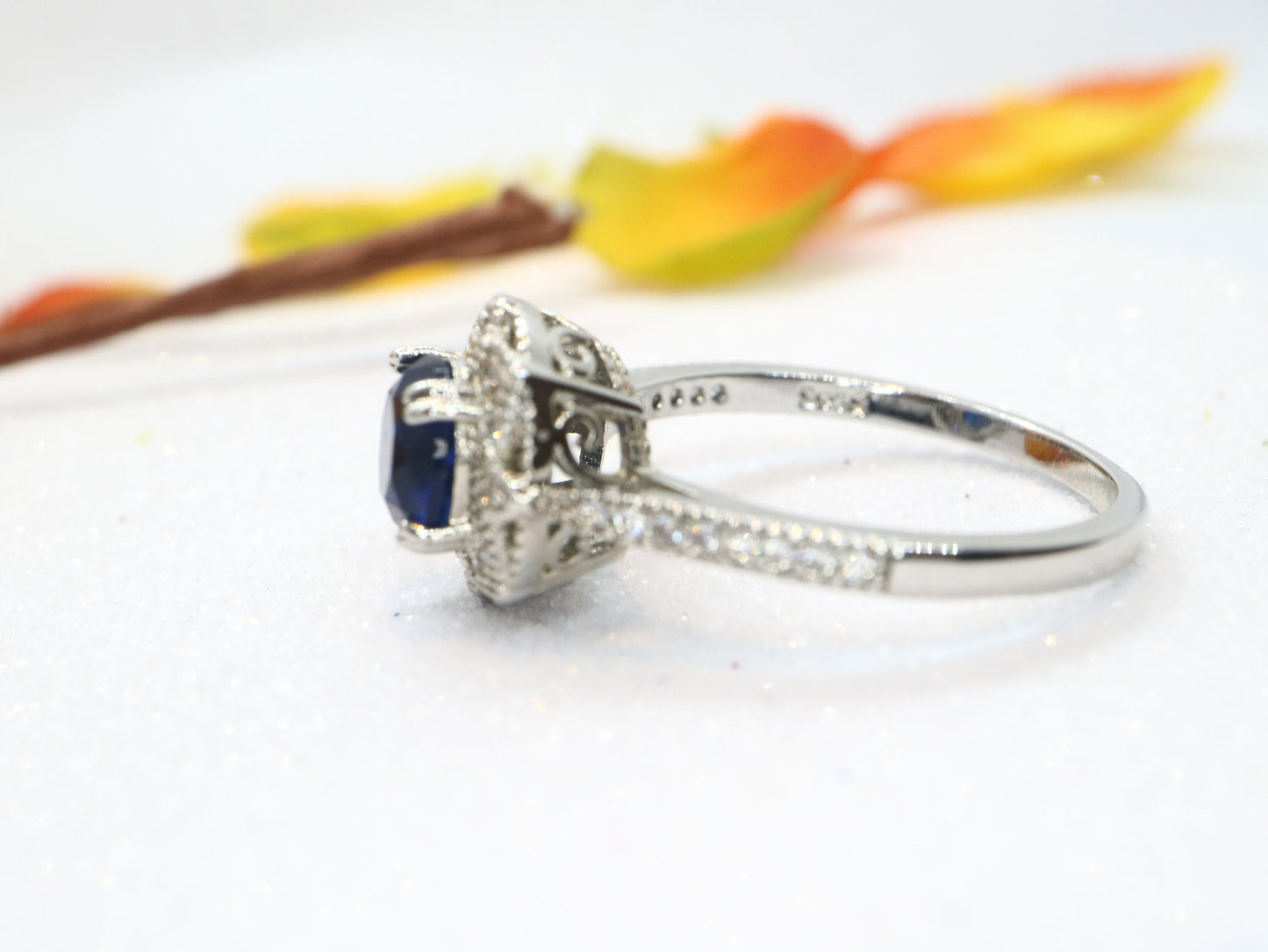 Hollow Rose flower shape cut engagement ring, Lab created  sapphire and diamond  ring, Vintage Diamonds Ring