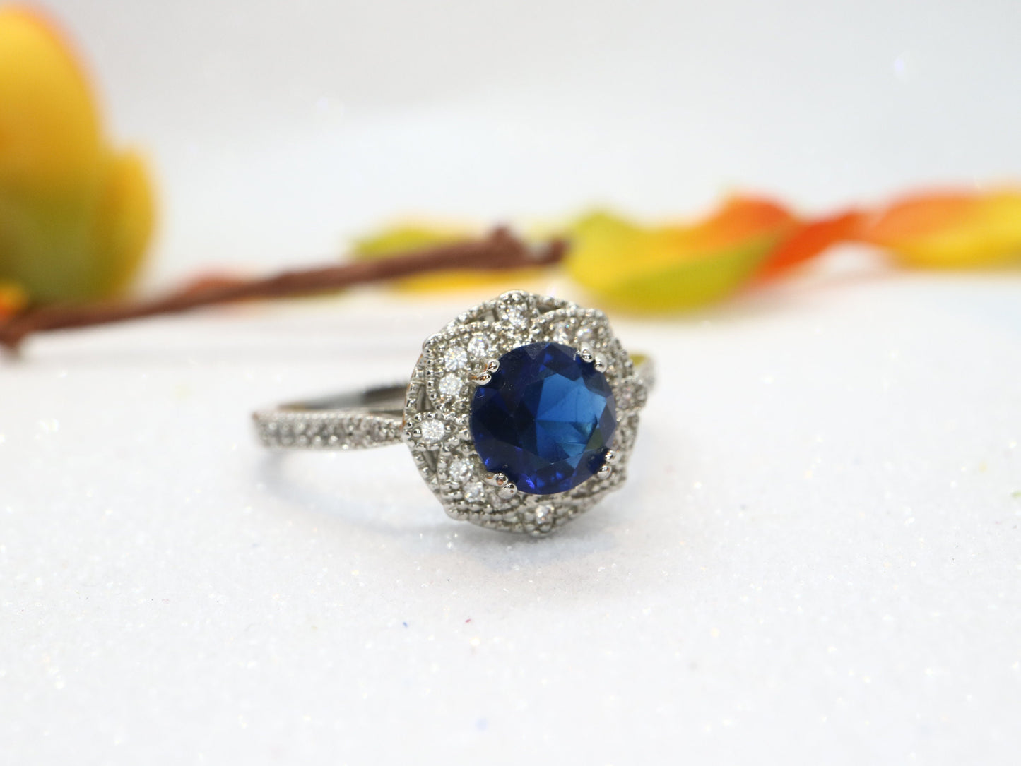 Hollow Rose flower shape cut engagement ring, Lab created  sapphire and diamond  ring, Vintage Diamonds Ring