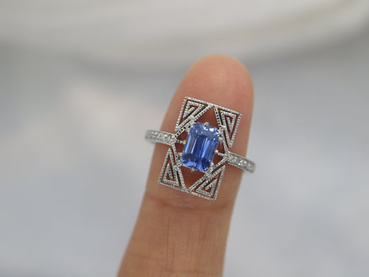 Art Deco sapphire engagement ring, 14k white gold vintage sapphire and engagement ring, radiant cut natural blue sapphire  wedding ring, Gift for her