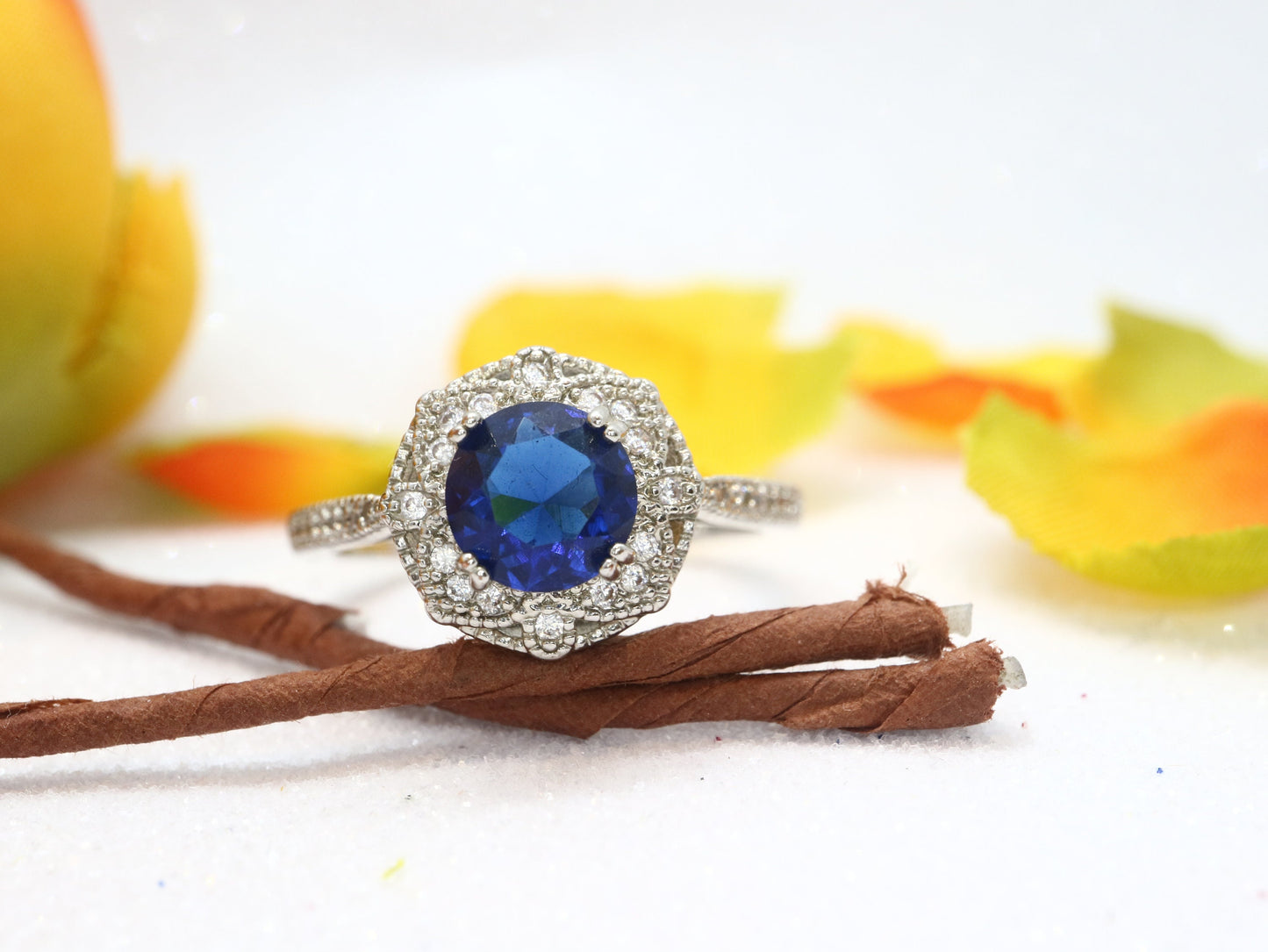 Hollow Rose flower shape cut engagement ring, Lab created  sapphire and diamond  ring, Vintage Diamonds Ring