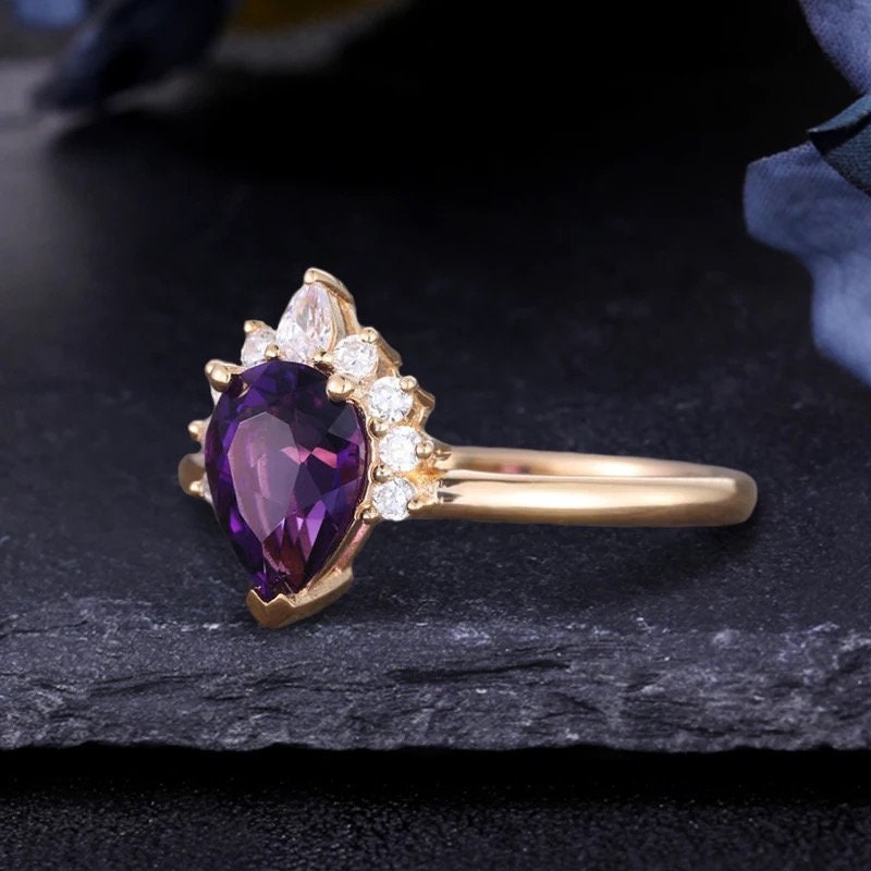 Amethyst Crown Ring, 14 solid gold 1.26 ct pear natural Amethyst engagement wedding ring, Annivesary ring