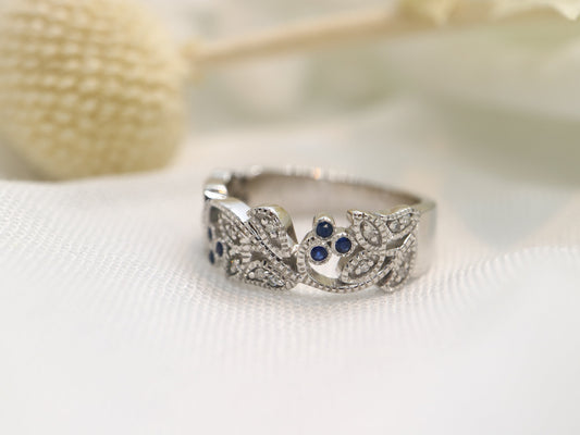 14k Vine and leaf white gold diamond ring , Filigree diamond ring, natural inspired round  sapphire and diamond vine band