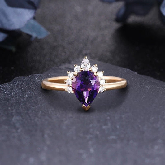 Amethyst Crown Ring, 14 solid gold 1.26 ct pear natural Amethyst engagement wedding ring, Annivesary ring