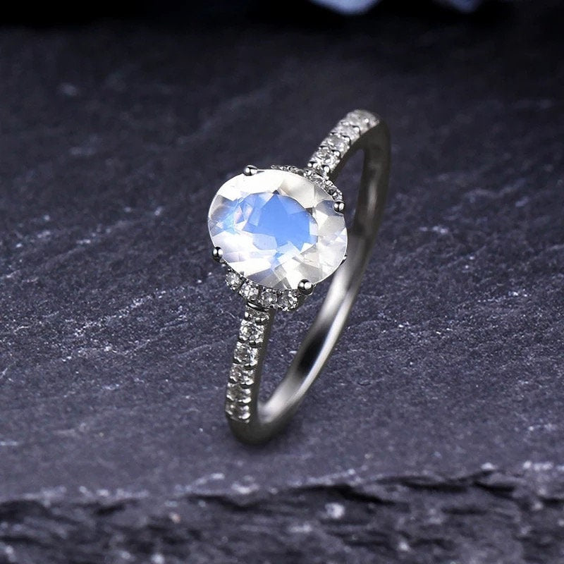 14k Solid Gold Moonstone and Moissanite Engagement Wedding Ring - 1.65 ct Oval Cut Gemstone