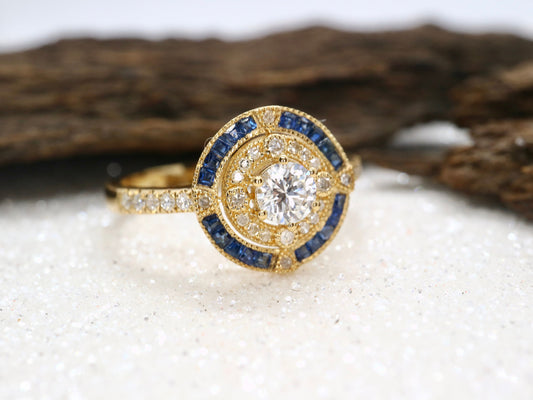 Antique art deco sapphire inspired ring, 14k yellow gold sapphire ring with diamond, Vintage sapphire  halo ring