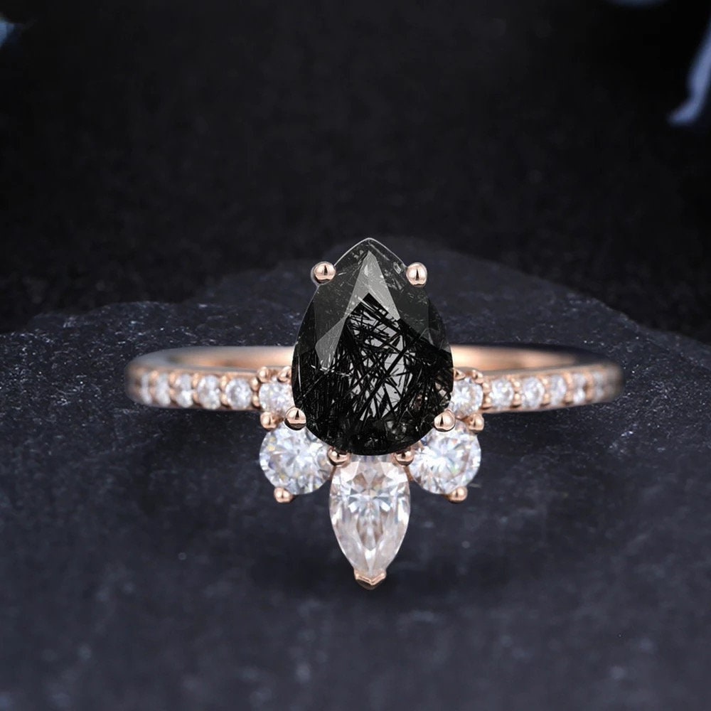 14k Solid Gold engagement ring, Pear Cut shaped engagement ring, Black Quartz Rutilated Engagement Ring, Wedding ring