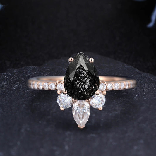 14k Solid Gold engagement ring, Pear Cut shaped engagement ring, Black Quartz Rutilated Engagement Ring, Wedding ring