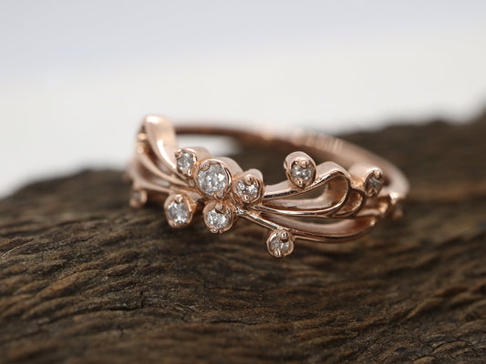 14k Rose gold diamond butterfly ring, Wedding  engagement ring, Vintage inspired ring, Eternity leaf wedding ring, Gift for her