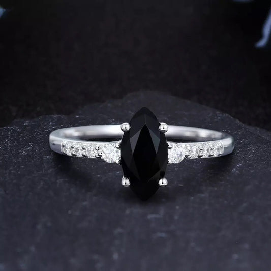 14k white gold Marquise cut onyx ring, Black gemstone ring, Onyx and moissanite diamond ring. Onyx engagement ring, Madeforher