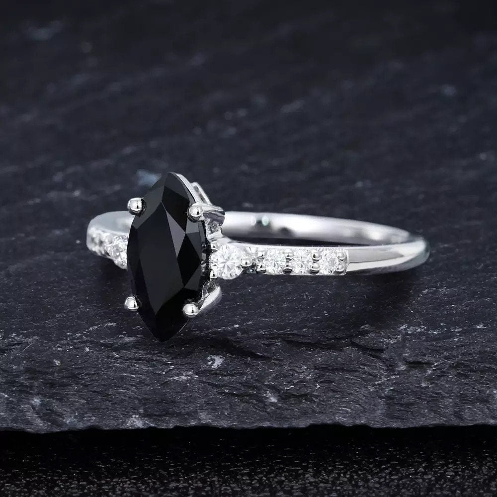 14k white gold Marquise cut onyx ring, Black gemstone ring, Onyx and moissanite diamond ring. Onyx engagement ring, Madeforher