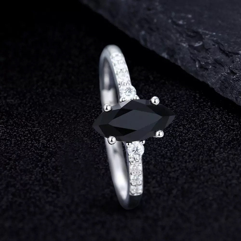 14k white gold Marquise cut onyx ring, Black gemstone ring, Onyx and moissanite diamond ring. Onyx engagement ring, Madeforher