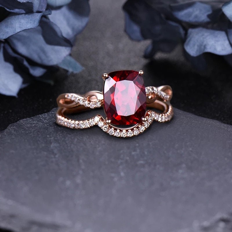 14K gold cushion cut garnet ring set,  Garnet engagement ring set, Cushion cut garnet jewelry, Red gemstone bridal set