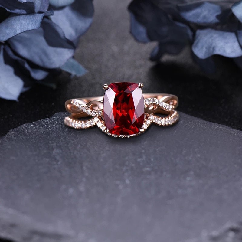 14K gold cushion cut garnet ring set,  Garnet engagement ring set, Cushion cut garnet jewelry, Red gemstone bridal set