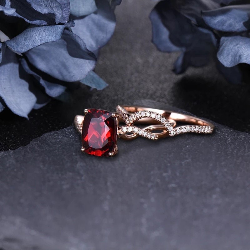 14K gold cushion cut garnet ring set,  Garnet engagement ring set, Cushion cut garnet jewelry, Red gemstone bridal set