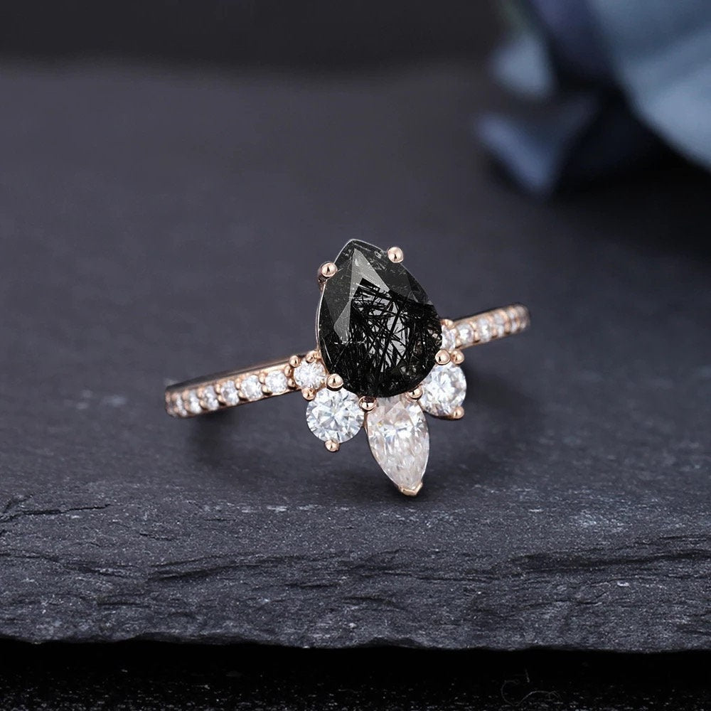 14k Solid Gold engagement ring, Pear Cut shaped engagement ring, Black Quartz Rutilated Engagement Ring, Wedding ring