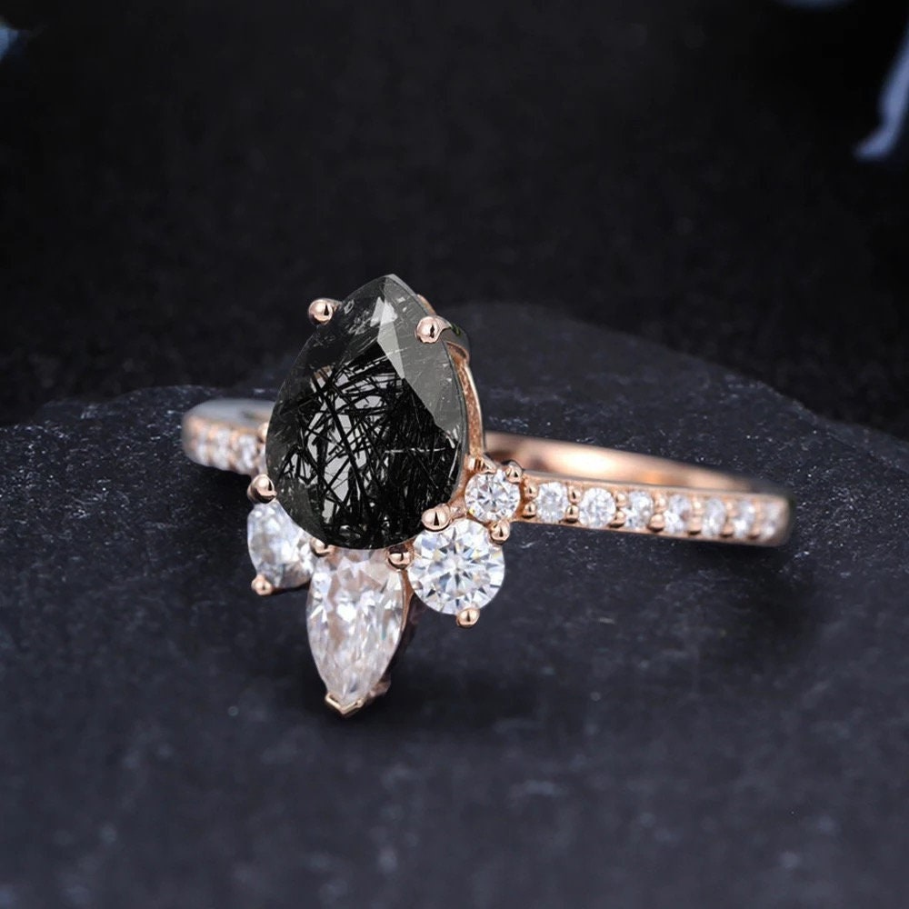 14k Solid Gold engagement ring, Pear Cut shaped engagement ring, Black Quartz Rutilated Engagement Ring, Wedding ring