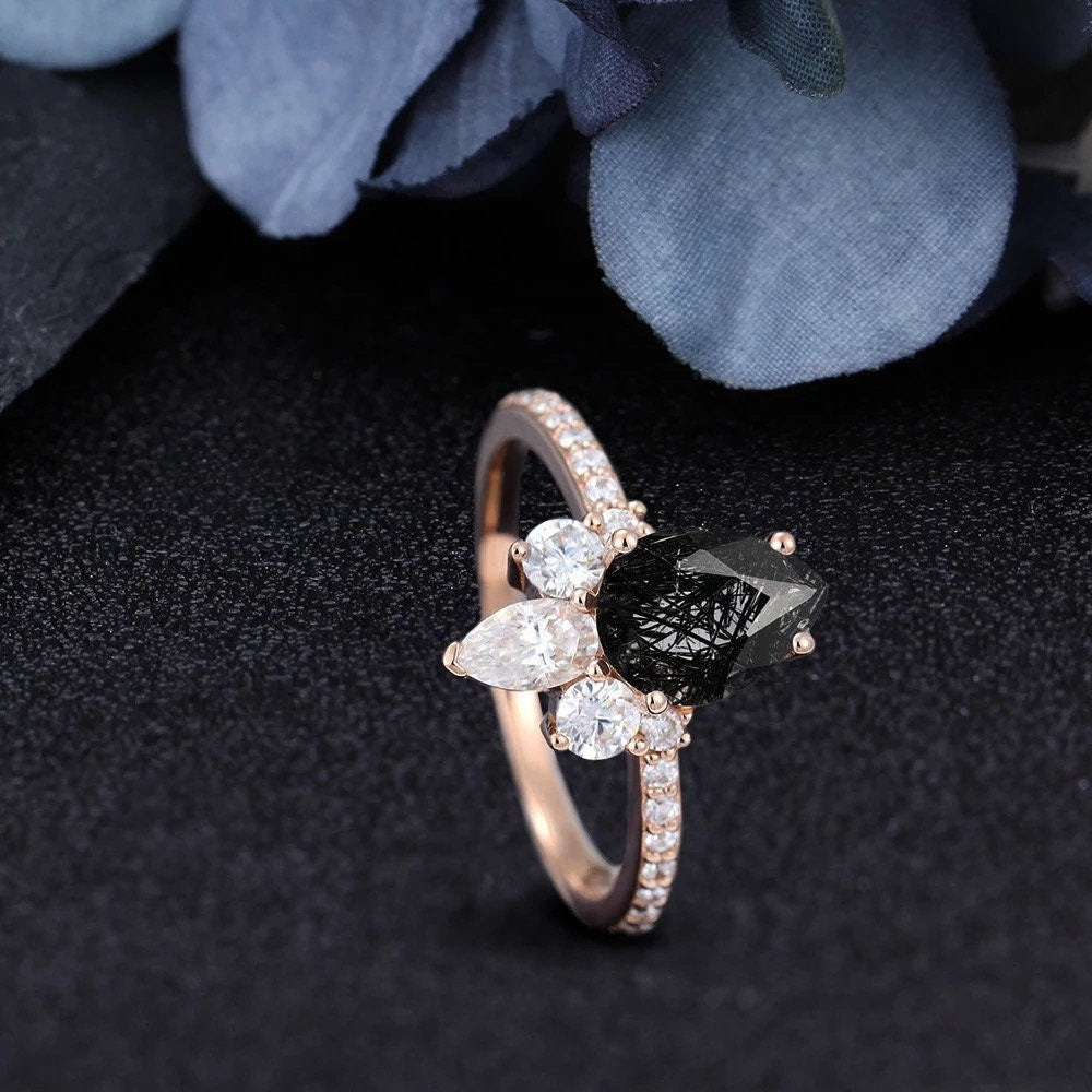 14k Solid Gold engagement ring, Pear Cut shaped engagement ring, Black Quartz Rutilated Engagement Ring, Wedding ring