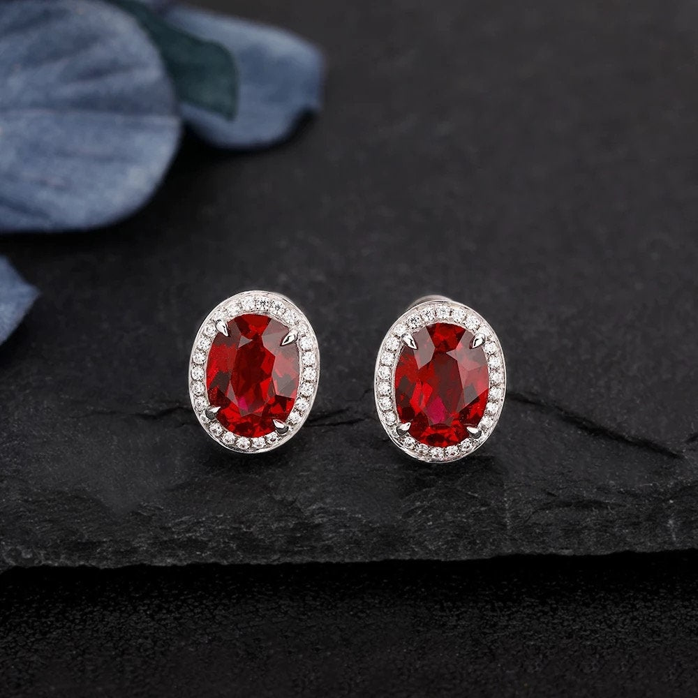 3CT oval cut garnet earring, Sterling silver gemstone earring, January birthstone jewelry, Rich red gemstone earring