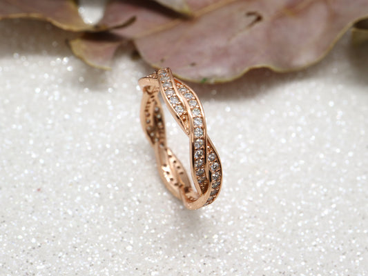 Rose gold sterling silver twist ring, White crystal ring, Rose gold stack ring, Rose gold eternity band, handmade Diamond stimulant