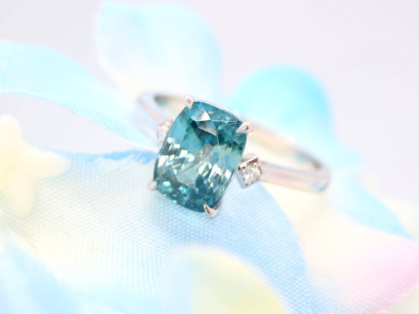 14k white gold engagement ring, Natural zircon engagement ring, Three stone ring, blue gemstone engagement ring