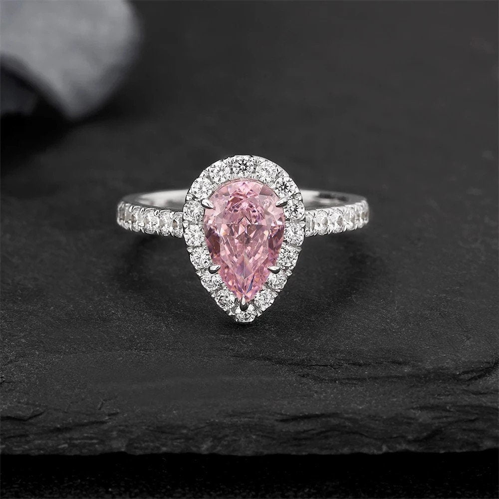 White gold Pear cut pink cubic zircon, 1.7CT pink cubic zircon engagement ring