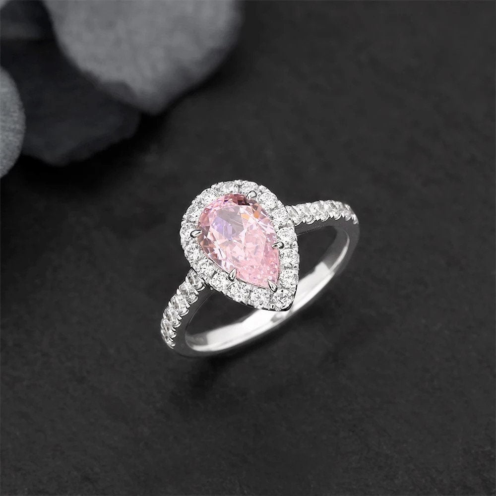 White gold Pear cut pink cubic zircon, 1.7CT pink cubic zircon engagement ring