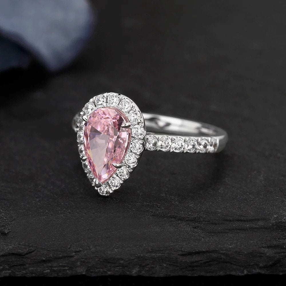 White gold Pear cut pink cubic zircon, 1.7CT pink cubic zircon engagement ring