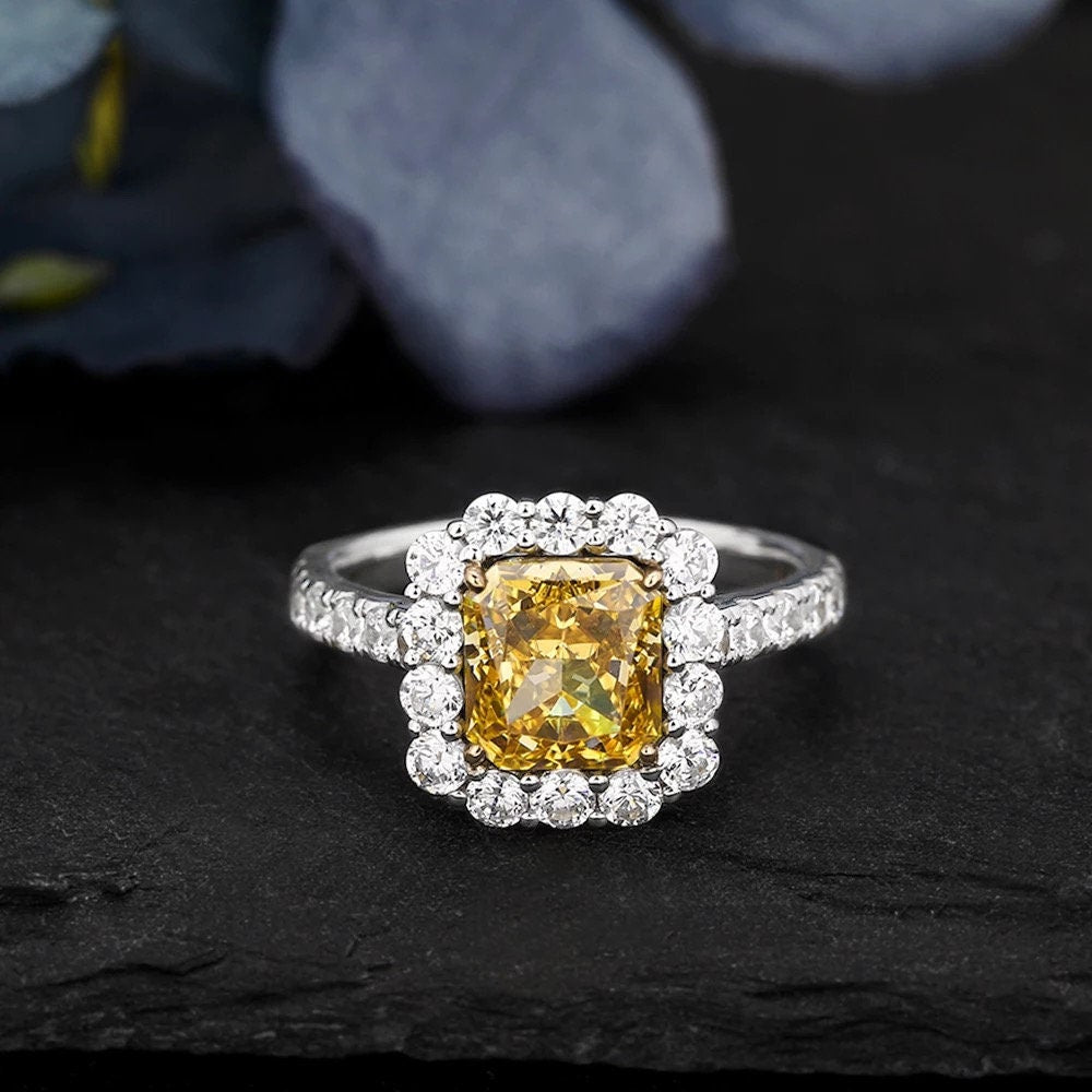 Emerald cut natural Citrine engagement ring, Citrine and moissanite halo engagement ring, Wedding ring, Anniversary ring