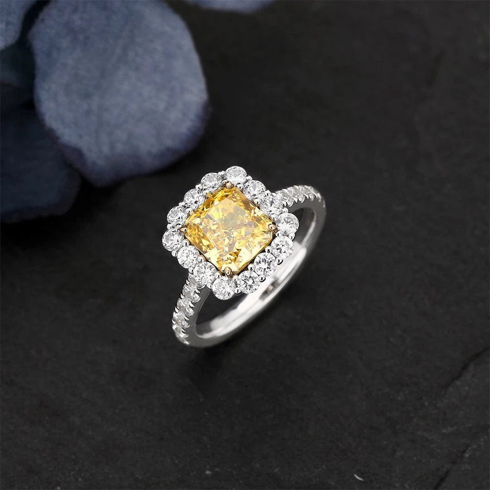 Emerald cut natural Citrine engagement ring, Citrine and moissanite halo engagement ring, Wedding ring, Anniversary ring