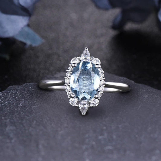 Art Deco 14K White Gold Aquamarine Engagement Ring with Oval Cut Aquamarine and Moissanite