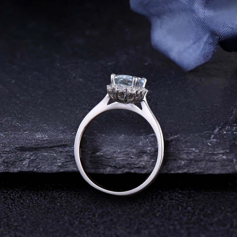 Art Deco 14K White Gold Aquamarine Engagement Ring with Oval Cut Aquamarine and Moissanite