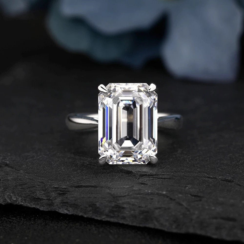 14k white gold moissanite engagement ring, Emerald cut moissanite ring