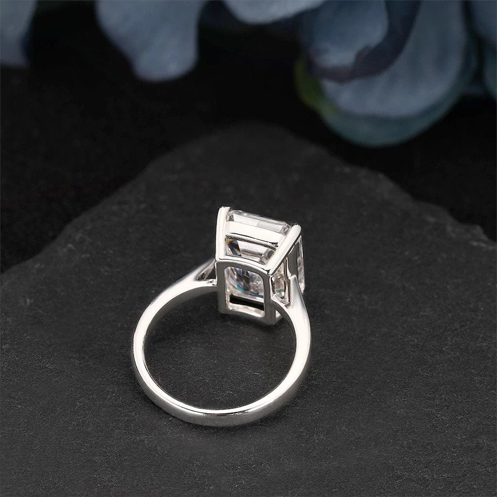 14k white gold moissanite engagement ring, Emerald cut moissanite ring