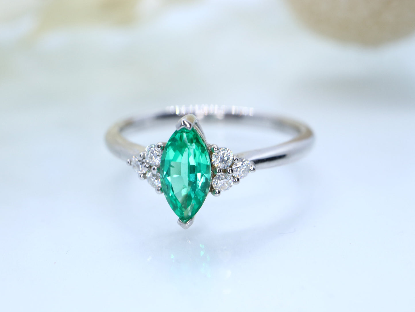 14k write gold Marquise shaped emerald ring, Emerald cluster ring, Cluster engagement ring, Emerald engagement ring, cluster ring gold