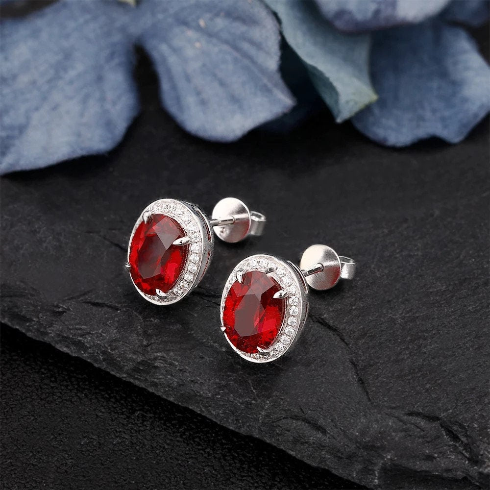 3CT oval cut garnet earring, Sterling silver gemstone earring, January birthstone jewelry, Rich red gemstone earring