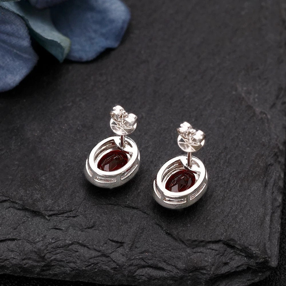 3CT oval cut garnet earring, Sterling silver gemstone earring, January birthstone jewelry, Rich red gemstone earring