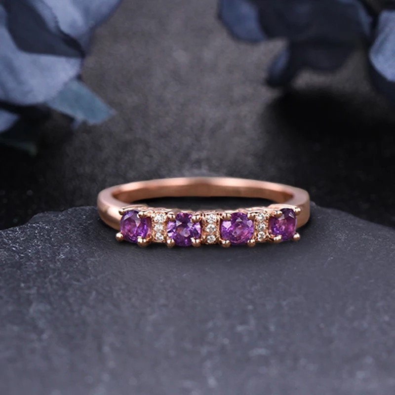 14k solid gold 0.4ct round cut Amethyst ring, Natural amethyst wedding band, Engagement wedding ring