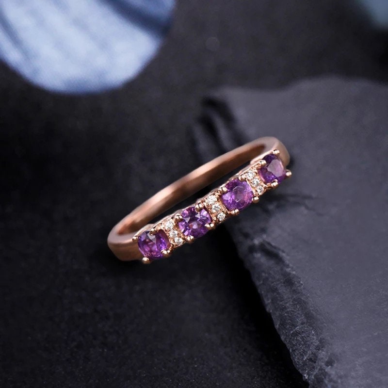 14k solid gold 0.4ct round cut Amethyst ring, Natural amethyst wedding band, Engagement wedding ring