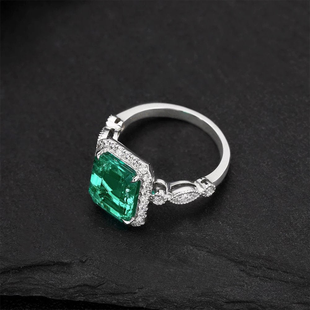 Vintage emerald engagement Ring, Lab created emerald engagement ring, Art deco emerald and Moissinate  ring, Promise Anniversary ring