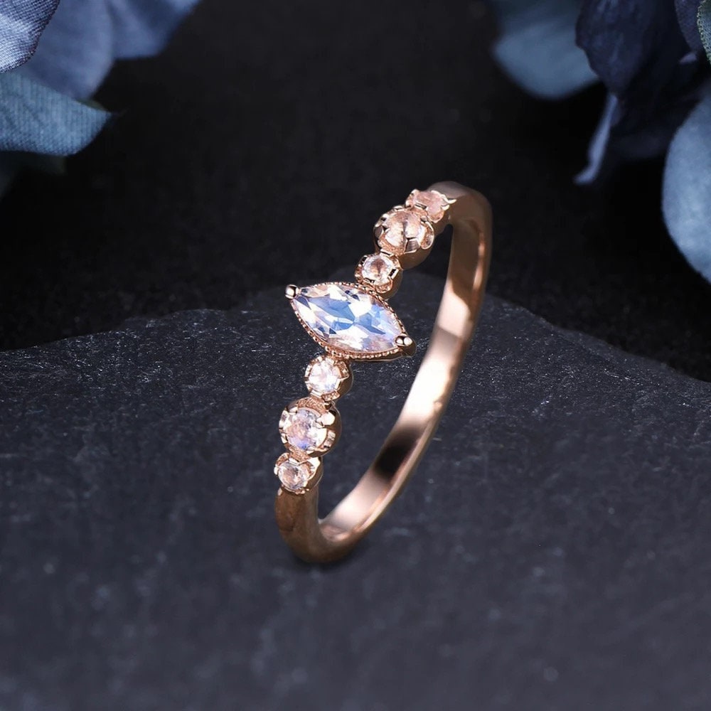 Art deco inspired moonstone ring, diamond engagement ring, yellow gold wedding ring vintage, anniversary ring