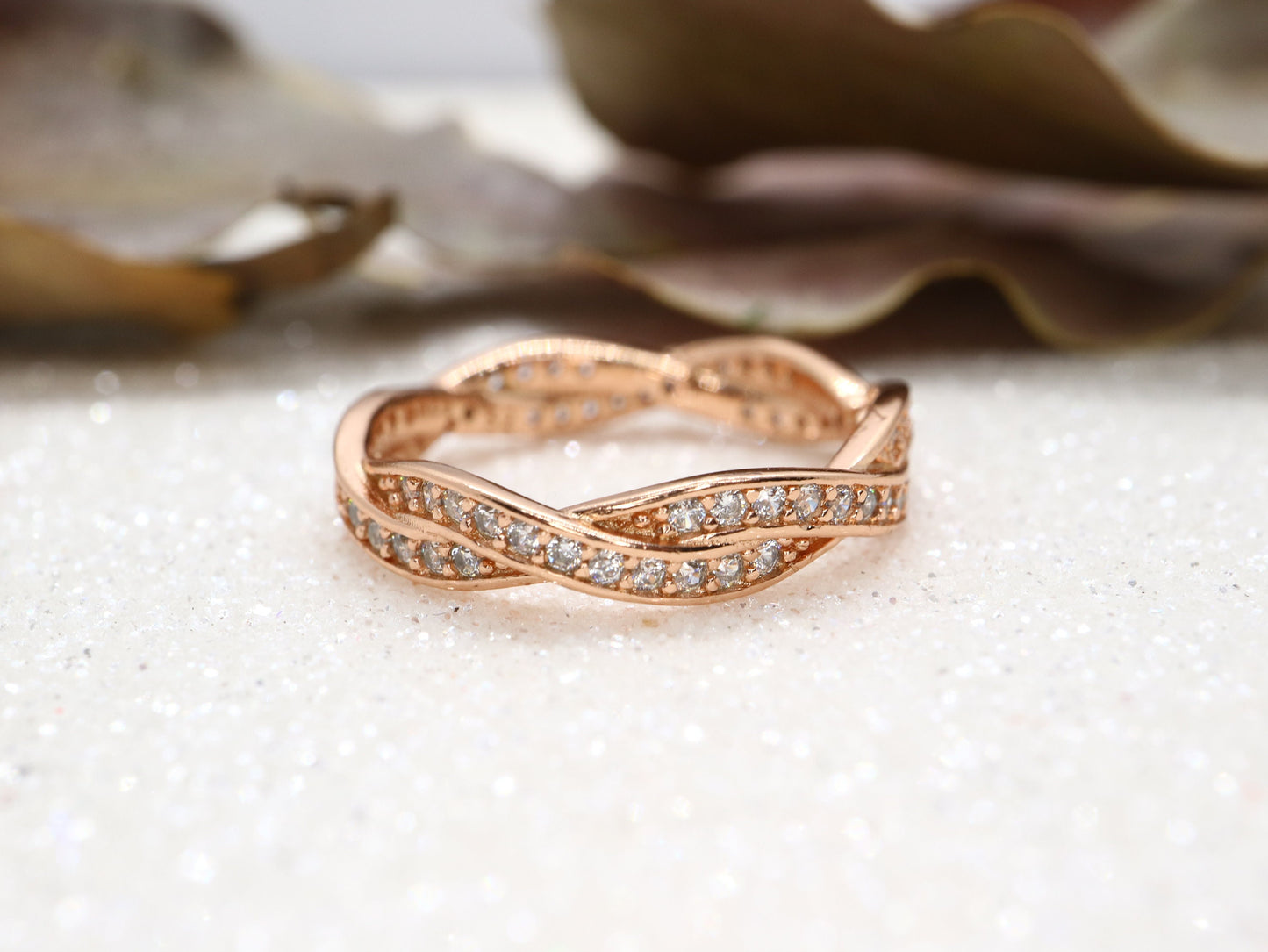 Rose gold sterling silver twist ring, White crystal ring, Rose gold stack ring, Rose gold eternity band, handmade Diamond stimulant