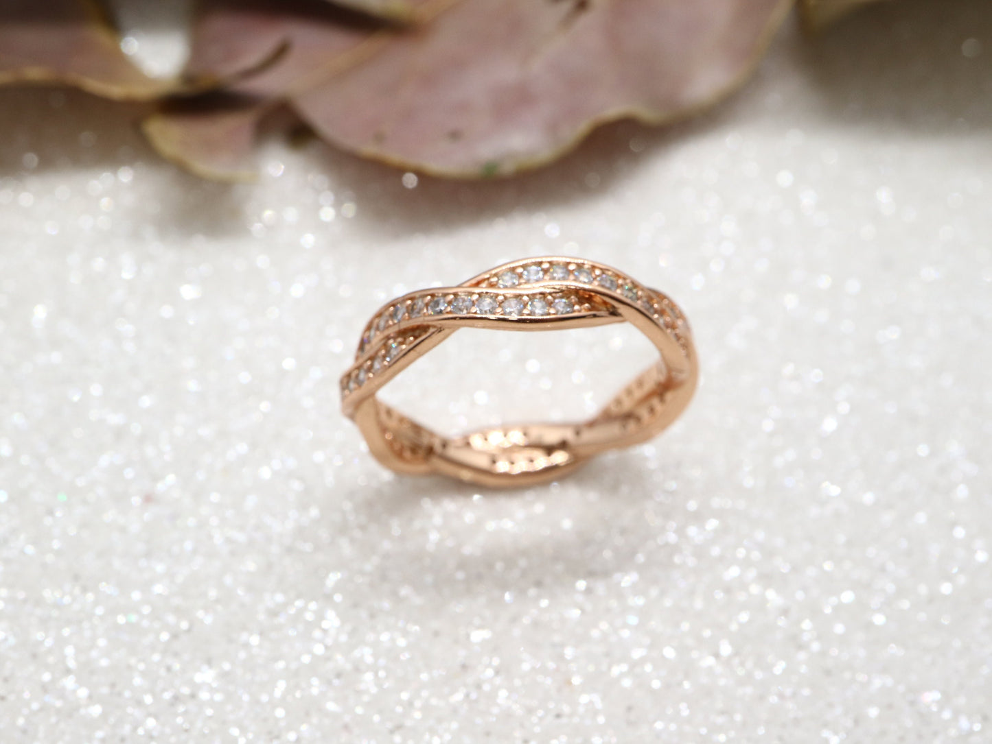 Rose gold sterling silver twist ring, White crystal ring, Rose gold stack ring, Rose gold eternity band, handmade Diamond stimulant