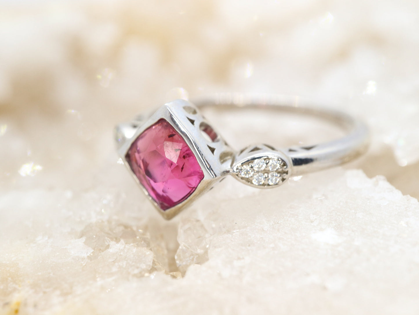 14k white gold natural tourmaline ring, Gemstone engagement ring, Engagement ring