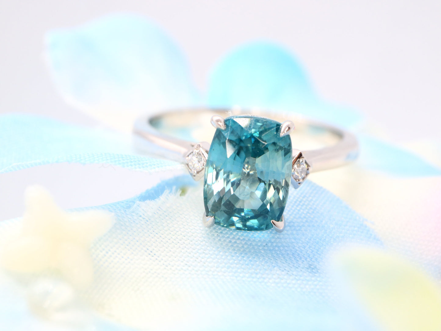 14k white gold engagement ring, Natural zircon engagement ring, Three stone ring, blue gemstone engagement ring