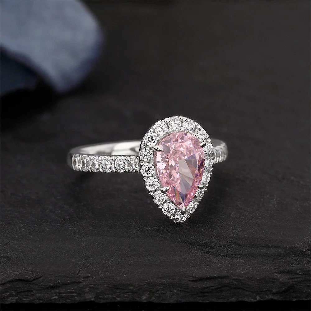 White gold Pear cut pink cubic zircon, 1.7CT pink cubic zircon engagement ring