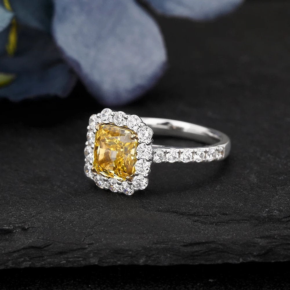 Emerald cut natural Citrine engagement ring, Citrine and moissanite halo engagement ring, Wedding ring, Anniversary ring