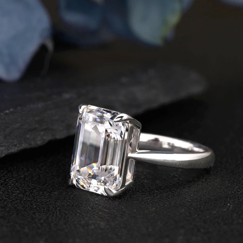 14k white gold moissanite engagement ring, Emerald cut moissanite ring