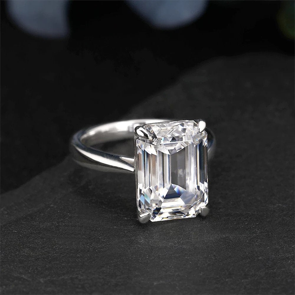 14k white gold moissanite engagement ring, Emerald cut moissanite ring