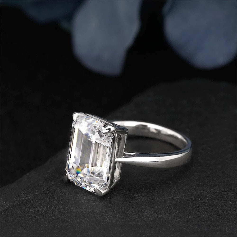 14k white gold moissanite engagement ring, Emerald cut moissanite ring