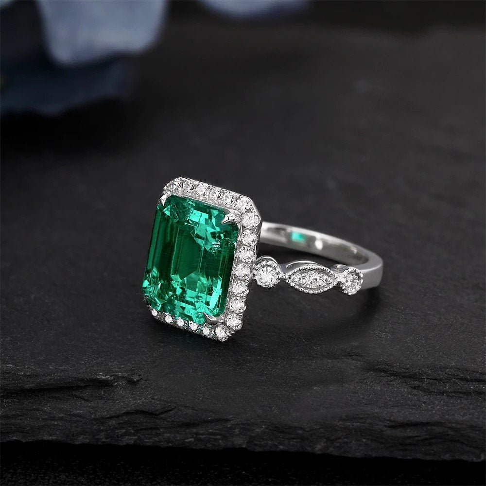 Vintage emerald engagement Ring, Lab created emerald engagement ring, Art deco emerald and Moissinate  ring, Promise Anniversary ring